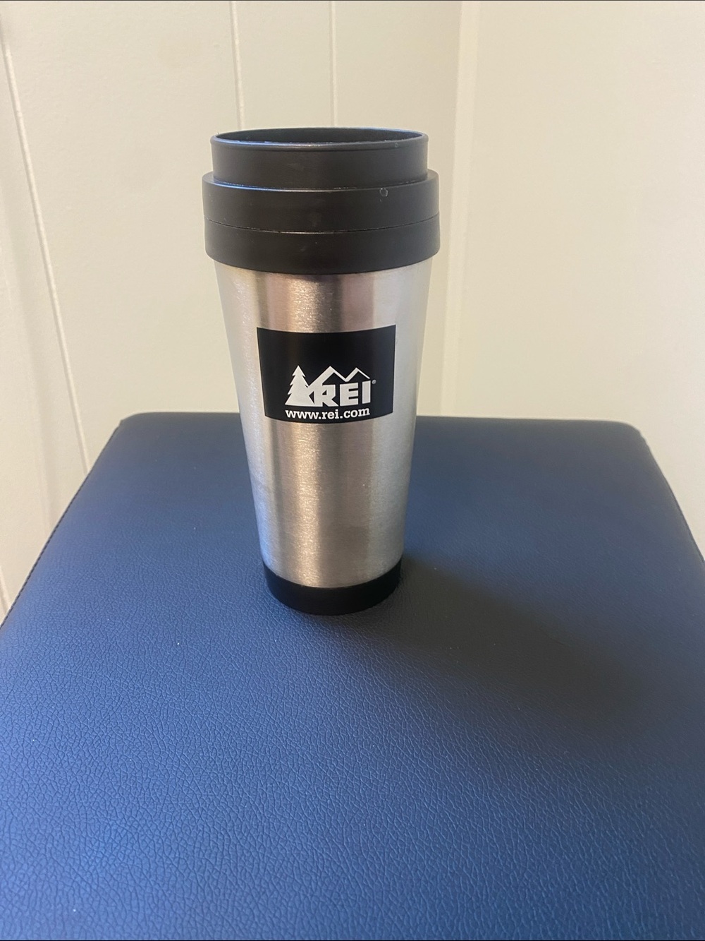 REI Silver Stainless Steel Travel Tumbler with Black Lid